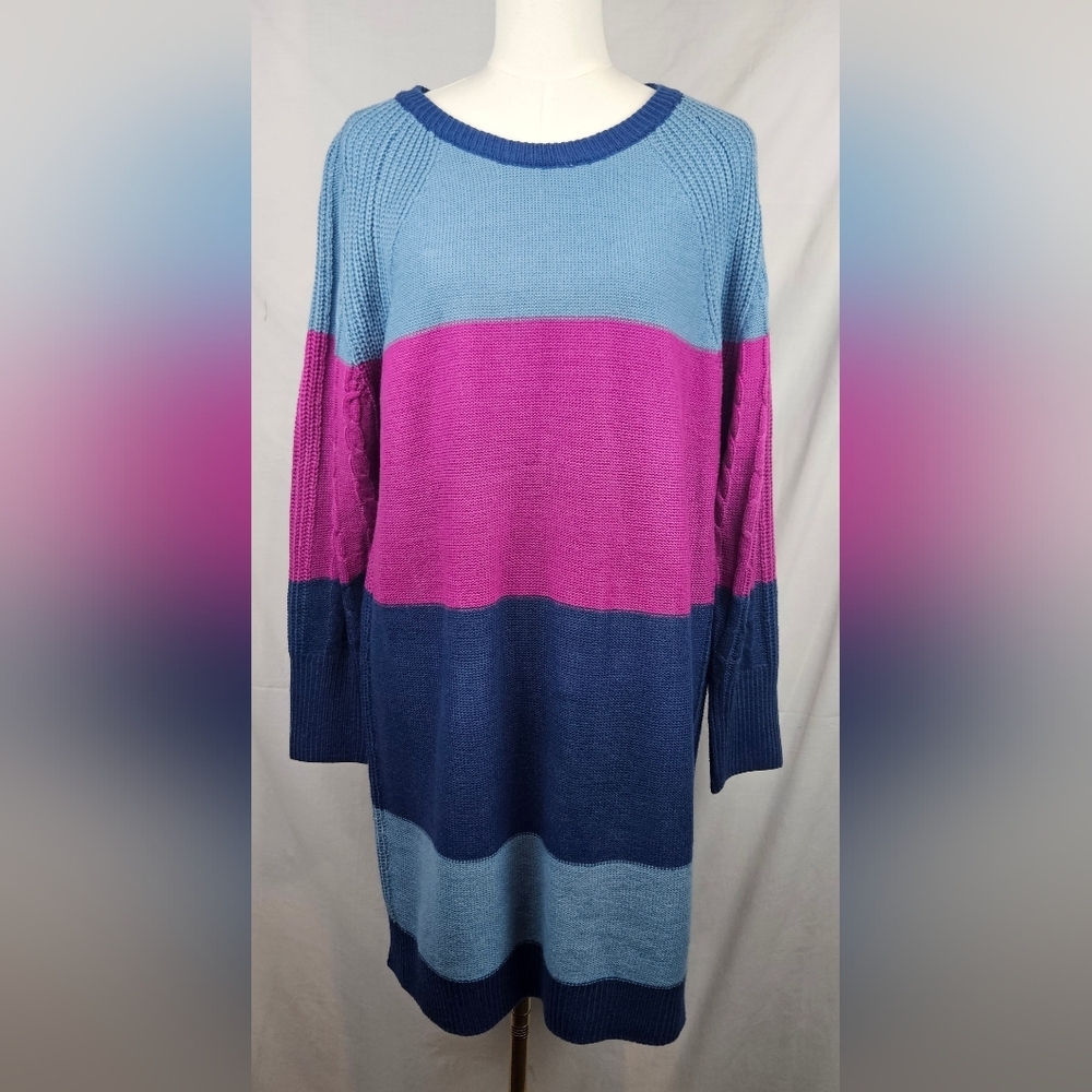 Lularoe Womens Lauren Sweater Dress Sz L Striped Multi Color Crew‎ Neck Coquette